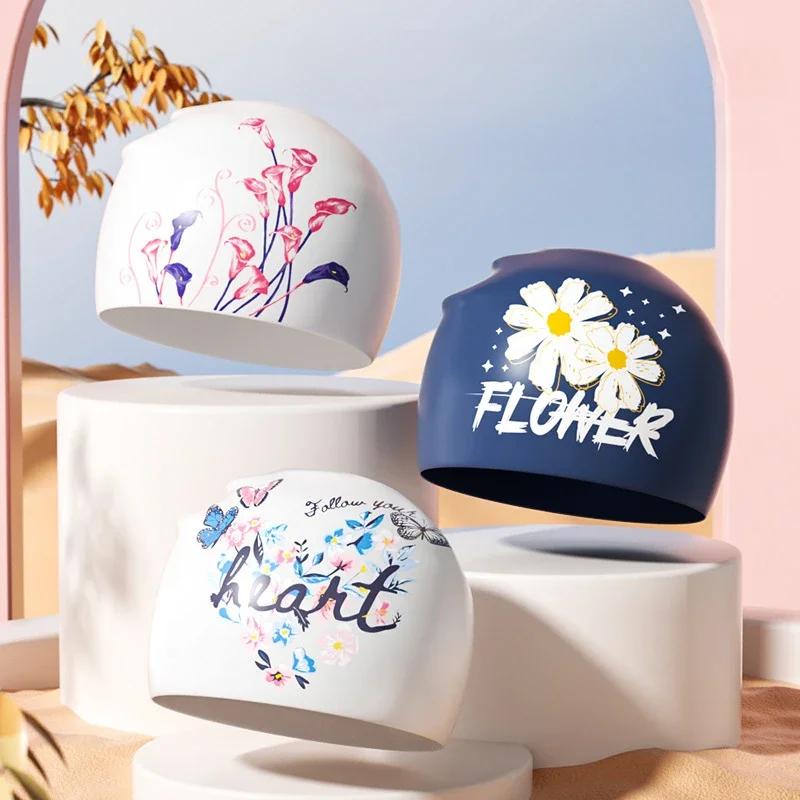 Печатные шапочки для плавания для женщин, большой размер, удобная силиконовая шапочка для плавания, длинные волосы, защита ушей, шапочка для плавания, аксессуары для бассейна