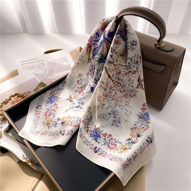 Luxury 2024 Floral Print Square Silk Scarf for Women Hijab Hair Bands 70cm Neckerchief Female Satin Shawl Ribbon Headband
