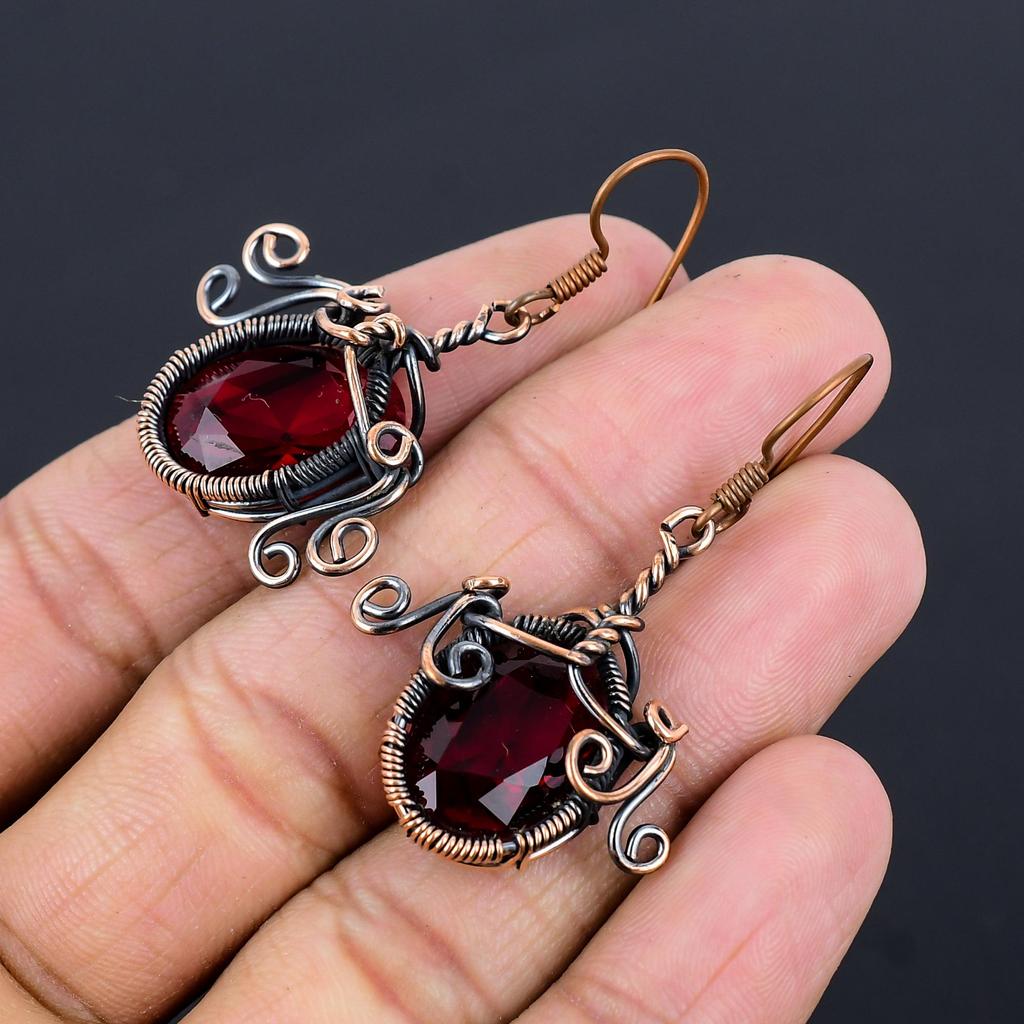 Garnet Jewelry, 999 Copper Wire Wrapped Earrings, Handmade Gemstone Jewelry Earrings For Memorial Day