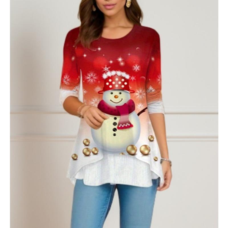 Женская мода повседневная весна осень рождественская принт длинный рукав блузки и рубашки с круглым вырезом
