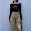 2022 Autumn Gothic Aesthetic Sexy Cropped Tops Hollow Out Long Sleeve T Shirt Women Round Neck Exposed Navel Skinny Crop Top