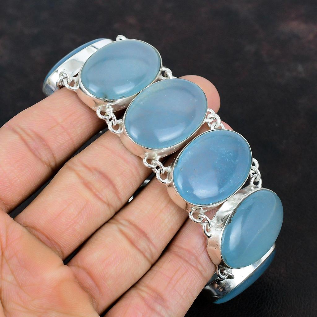 Браслет с аквамарином Оригинальный браслет ручной работы с драгоценными камнями Браслет из стерлингового серебра 925 пробы Регулируемый браслет-цепочка Ювелирные изделия с аквамарином для подарков