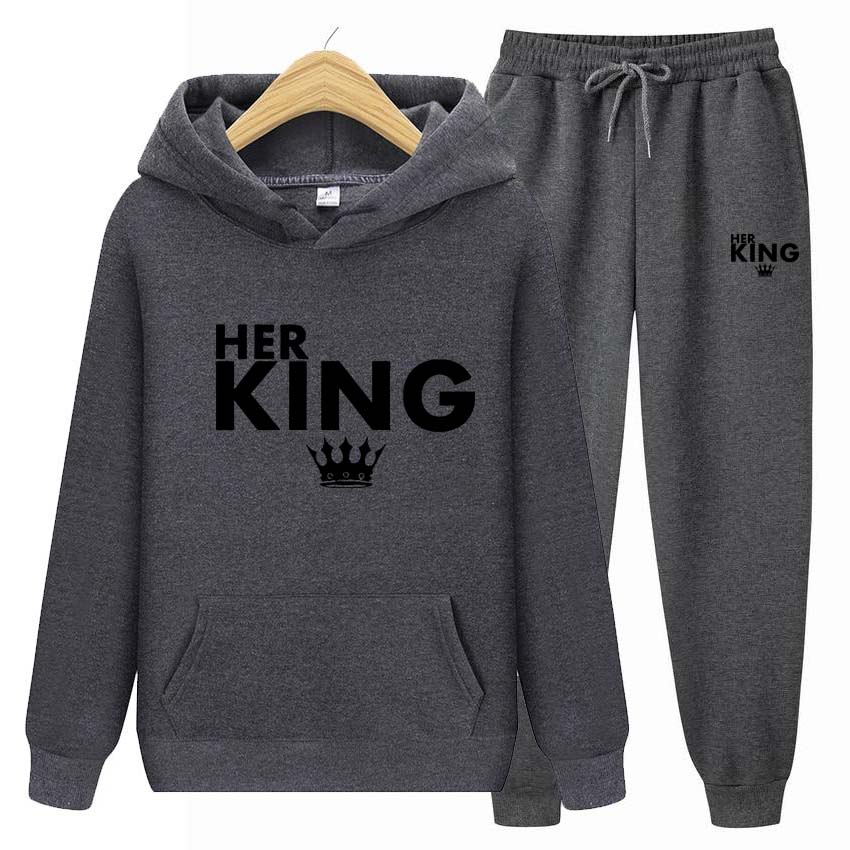 Осенне-зимние толстовки + брюки, комплект из двух предметов, мужские и женские толстовки с принтом «его король», спортивные костюмы, брюки для бега, плотная теплая одежда