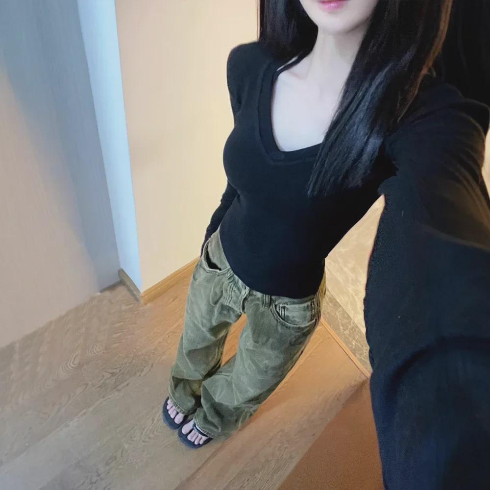 Женский облегающий топ с V-образным вырезом и длинными рукавами 2024 года: Универсальный прямой крой для осени/зимы.