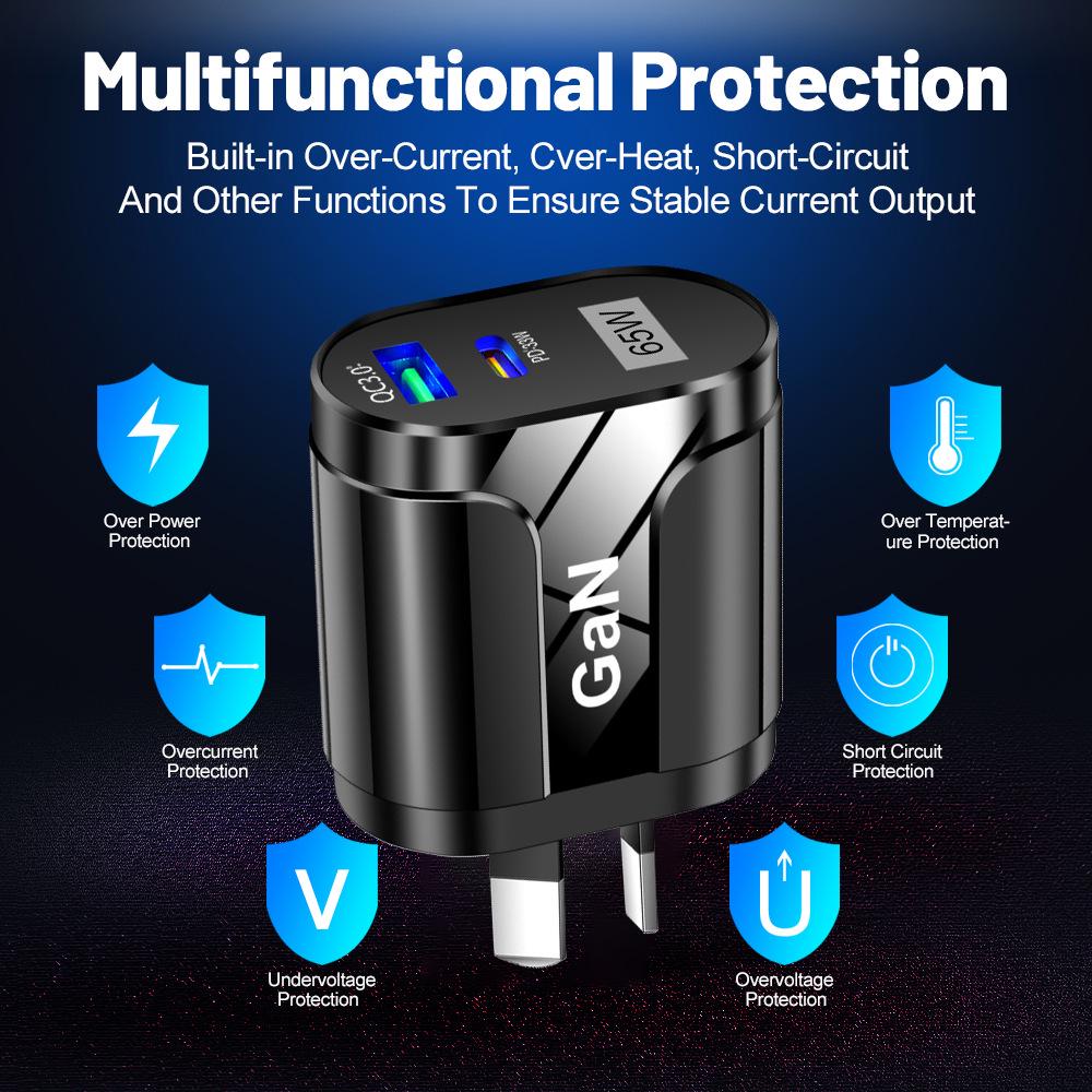 GaN-зарядное устройство PD33W: Быстрая зарядка QC3.0 9В/12В, спецификация EU/AU/UK, USB Direct Charge