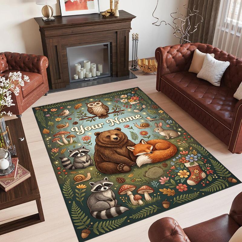 Forest Theme Crystal Velvet Floor Rug Personalized Custom Name Text Warm Carpet Home Decoration