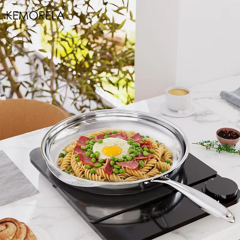 304 Stainless Steel Frying Pan Tri-Ply Skillet Induction Cooking Pan Kitchen Cookware NonStick Pan Fried Steak Pot Multiple Size