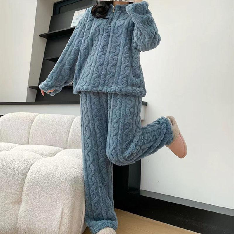 Fall Winter Women's Two Piece Set Thickened Warm Coral Velvet Pajamas Padded Ladies Casual Elastic Striped Comfortable Homewear