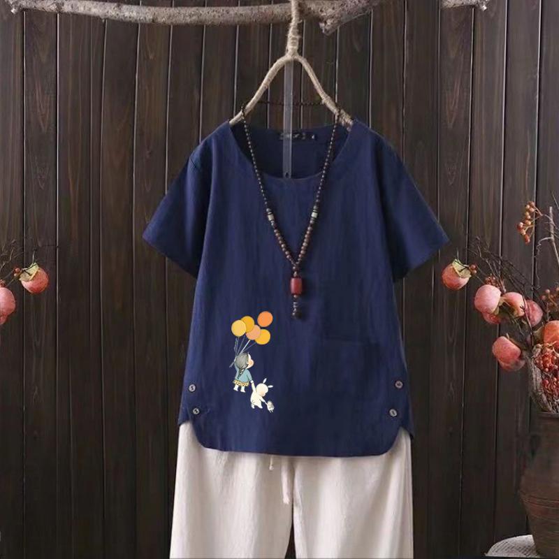 Футболка женская летняя 2025 года из хлопка и конопли с принтом серии воздушных шаров и V-образным вырезом