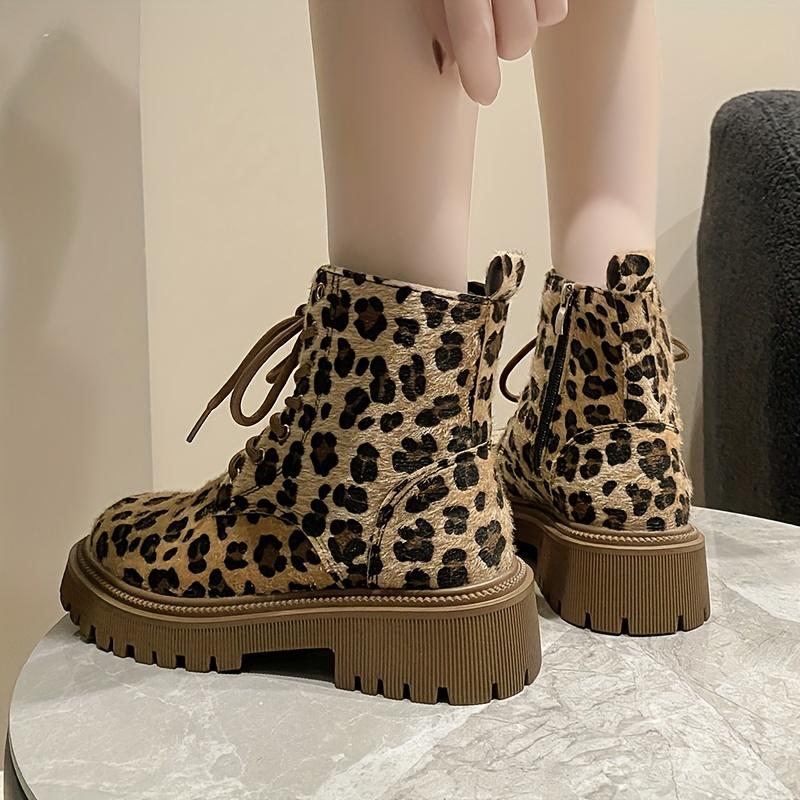 Women Leopard Print Winter Boots Side Zip Comfortable Thick Bottom Flat Round Toe Short Boots