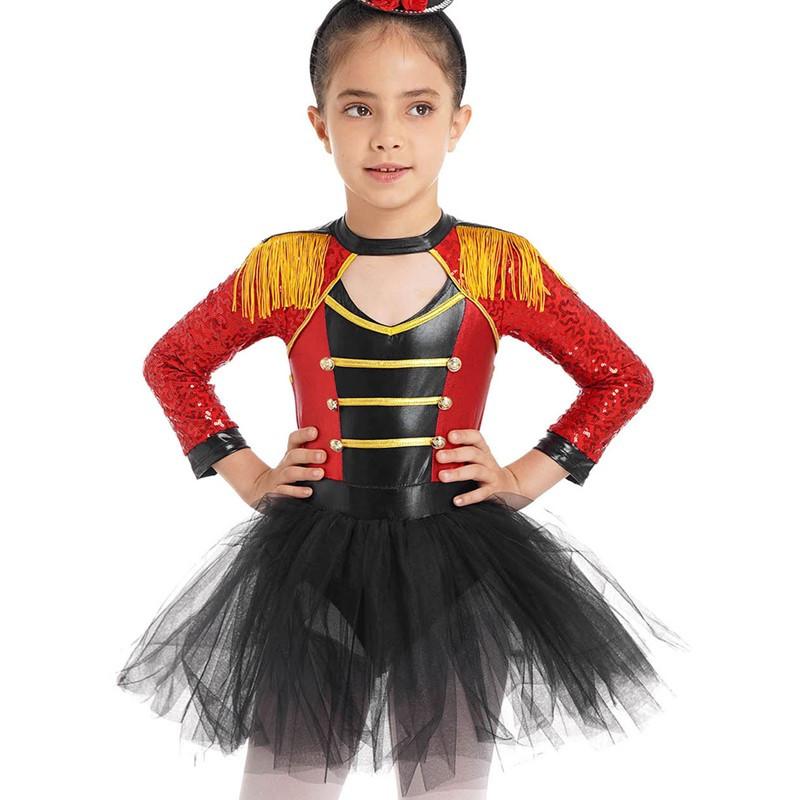 Girls Sequin Tassel Magician Costume Long Sleeve Epaulet Design Tutu Skirt Built In Brief Circus Dress Up