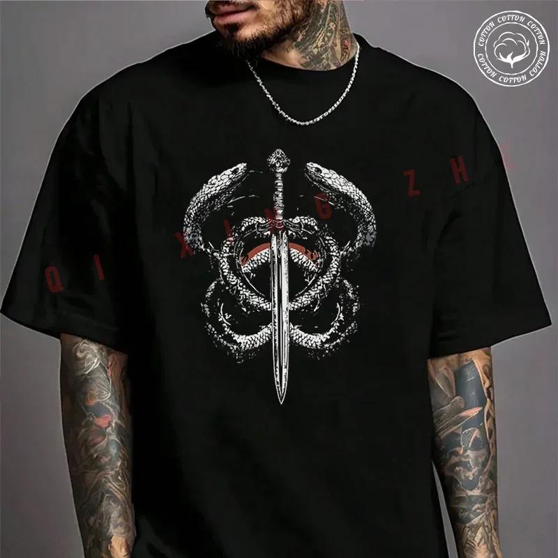 Men T Shirt Casual A Sword Surrounded By Two Snakes Design Motorcycle T-shirt Graphic Cotton Mo