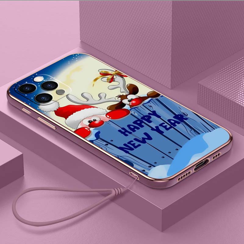 Роскошный чехол для телефона из ТПУ с ремешком для iPhone 6 6s 7 8 Plus SE XR XS 11 12 13 14 15 Pro Max Мягкие чехлы A2 Новогодний рождественский дизайн Чехол