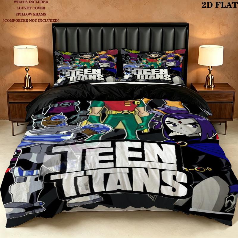 Teen Titans Pattern Bedding uilt Set uilt Cover Pillowcase Home Decoration Birthday Gift (1 * duvet cover + 2 * pillowcase without core)