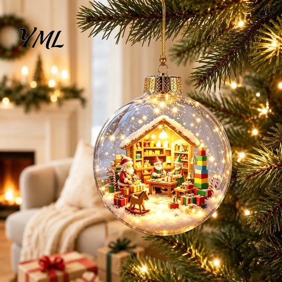 Winter Theme Party Favors Lighted Christmas Ornaments, 3D Miniature Scene Hanging Balls with Warm LED Light, Cute Festive Home Desktop Decorations