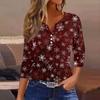 Women's Fashionable Casual Christmas Printed V-neck Three-quarter Sleeve Decorated Button Top