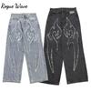 RogueWave Y2k Baggy Jeans Raw Edge Pattern Hip Hop Punk Denim Trousers Slouchy Retro Straight Wide Leg Pants Streetwear