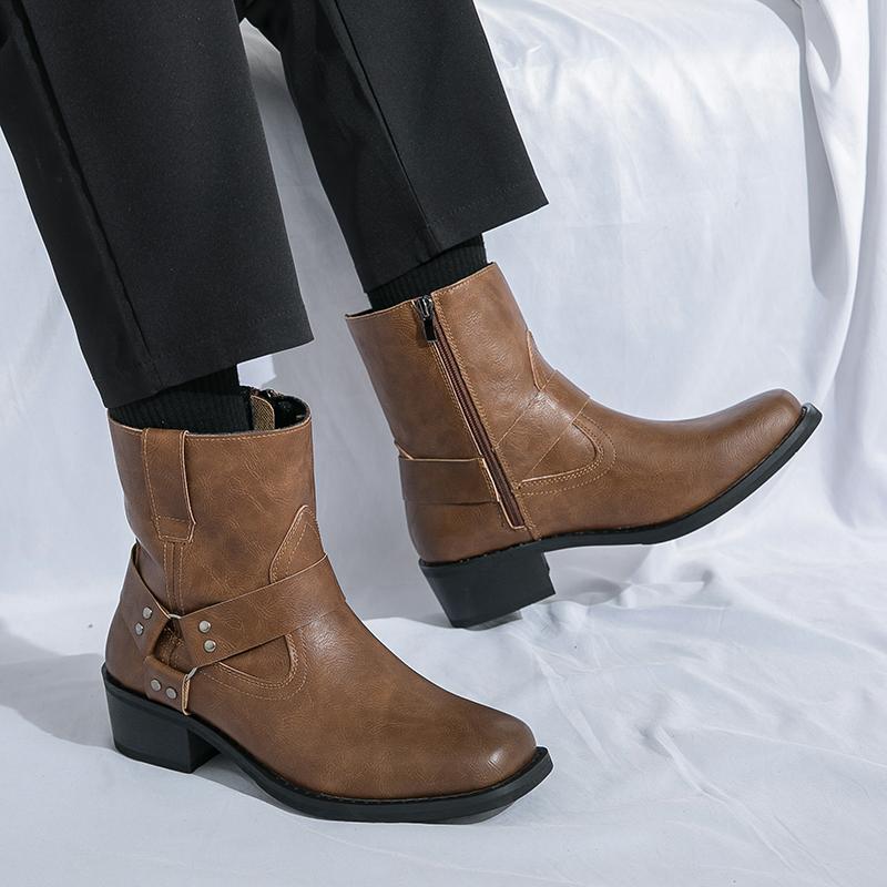 Модные ботинки с квадратным носком мужские из ПУ однотонные на низком каблуке удобные нескользящие классические деловые повседневные мужские короткие ботинки