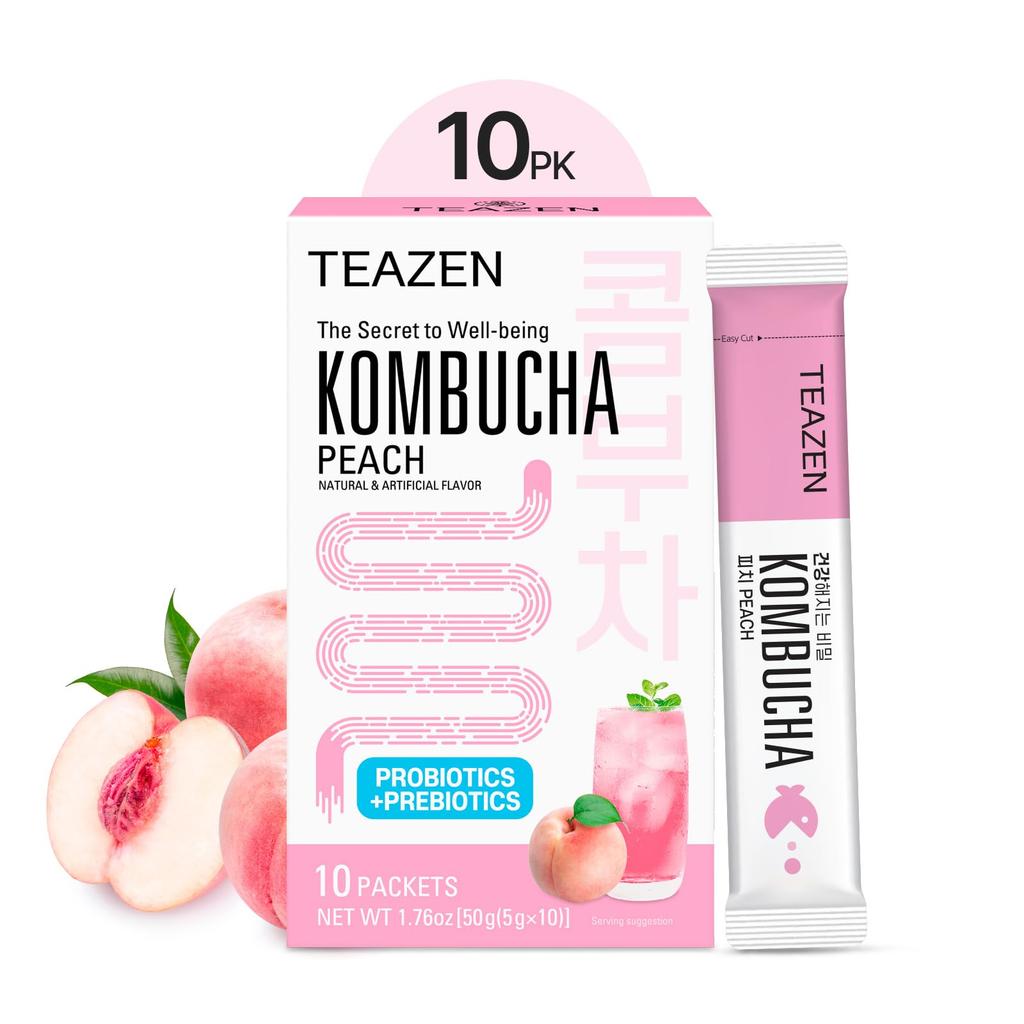 TEAZEN Порошок для напитка Комбуча | Премиальный корейский пробиотический напиток | Без сахара, низкокалорийный газированный напиток для здоровья кишечника | 10 пакетиков (50г) | Не-