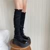 Japanese Ribbed Thigh High Leg Warmers Lace Up Bandages Over Knee Flared Leg Covers Ruffle Trim Footless Socks for Women