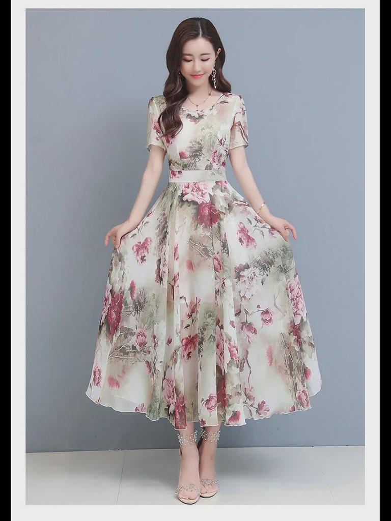 Элегантное летнее платье с цветочным принтом: Женская облегающая длинная пляжная юбка с короткими рукавами (2023)