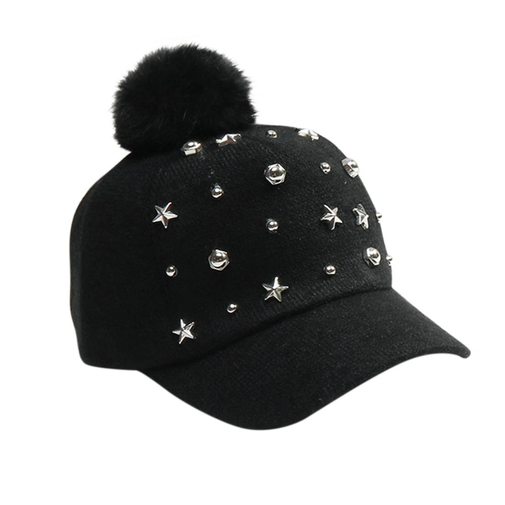 Fashion Rivets Kids Baseball Cap Winter Warm Cute Fluffy Ball Cold-Proof Hat Birthday Christmas Gifts