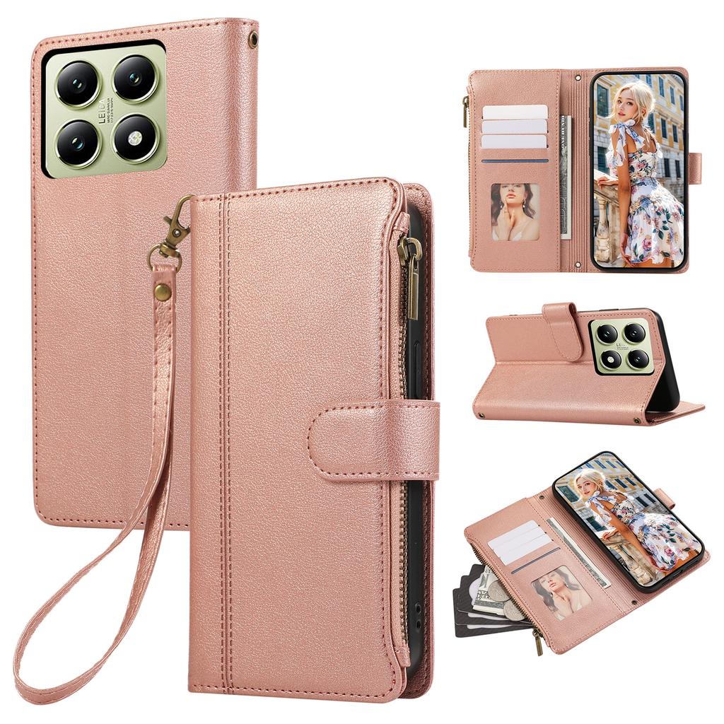 Чехол для Xiaomi 14T Pro, кожаный чехол для телефона на молнии с несколькими отделениями для карт и ремешком на запястье