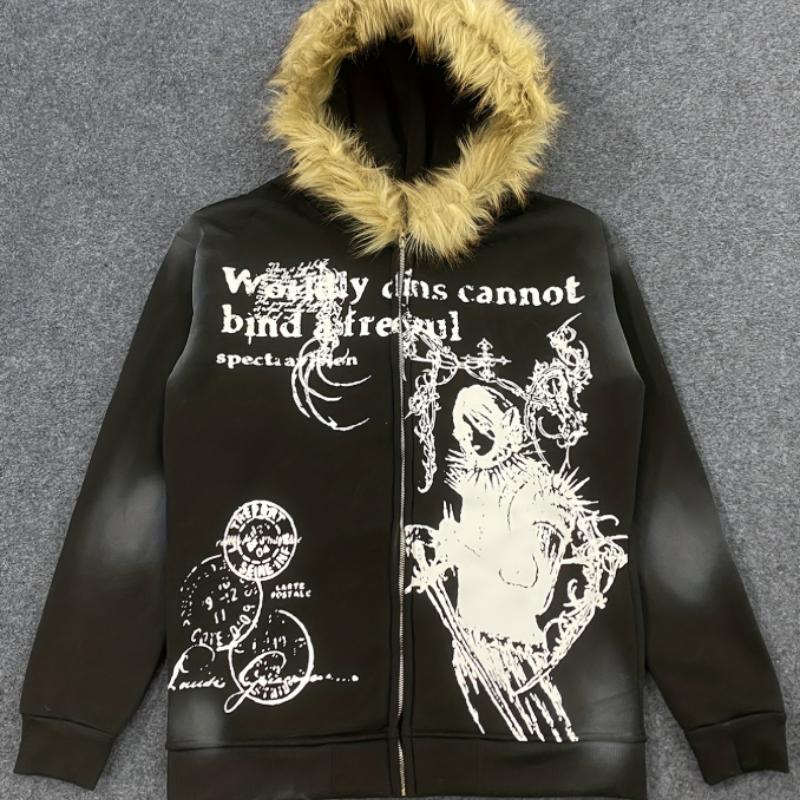 Европейская и американская осень и зима однотонная повседневная личность граффити принт плюшевая шляпа поля тренд женская мода толстовка с капюшоном