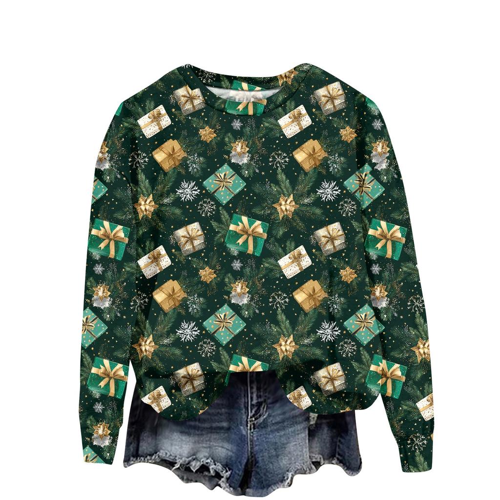 Women's Fashion Christmas Printed Long Sleeve Loose Round Neck Sweatshirt Top