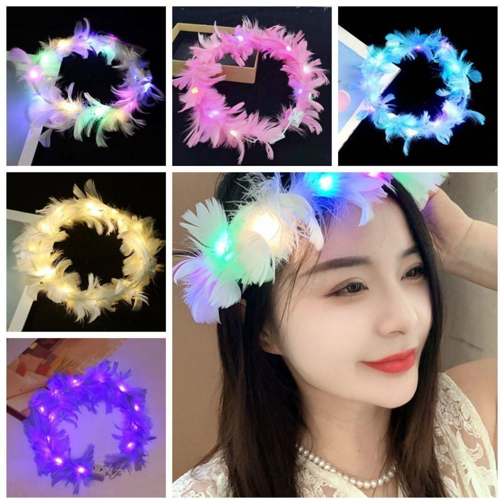 Glow White Feather Luminous Garland New Year Women Hairband Elegant LED Feather Headband  Party