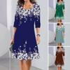 Women Spring Dress Flower Print A-line Big Swing Long Sleeve Crew Neck Casual Loose Elegant Contrast Color Lady Daily Midi Dress