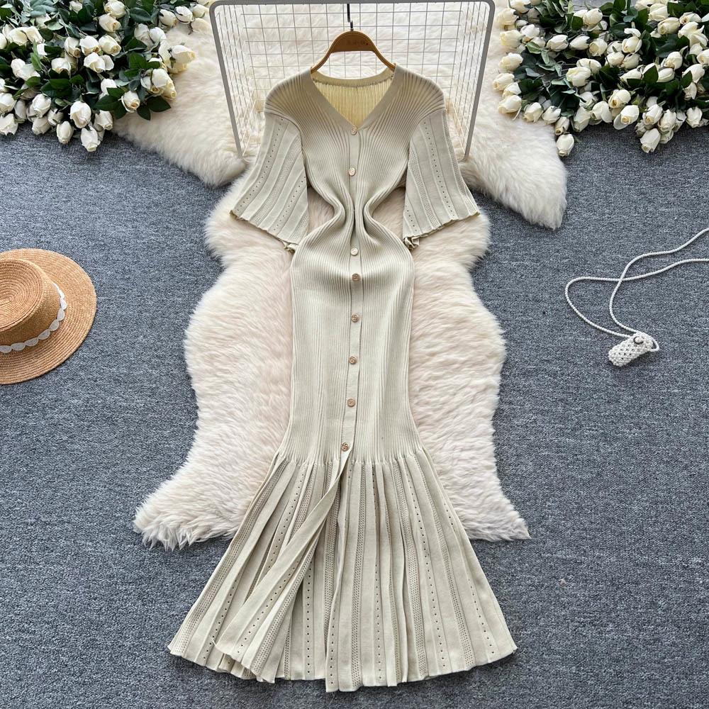 Летние женские элегантные платья-свитера облегающего кроя с V-образным вырезом и застежкой на одну пуговицу, длинные макси с юбкой «рыбий хвост»