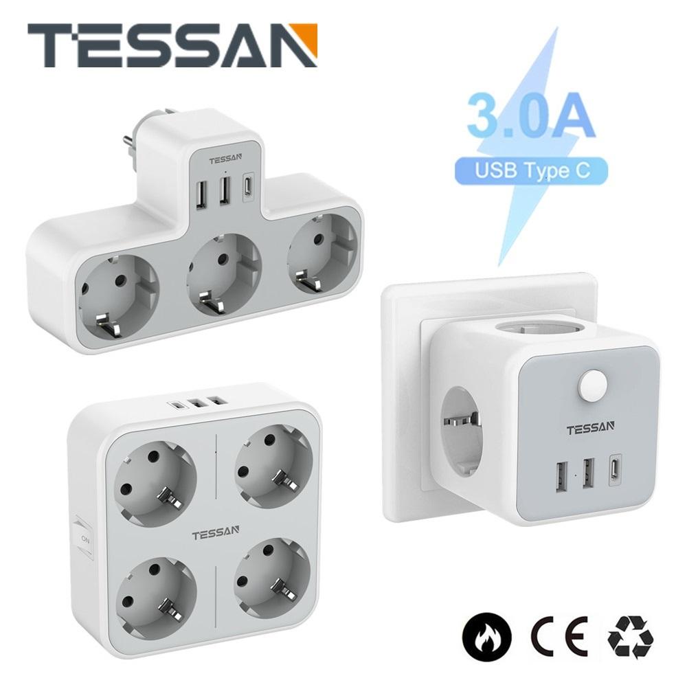 Tessan EU KR вилка с несколькими розетками, удлинитель с USB-портами, настенное зарядное устройство типа C, электрический удлинитель, адаптер для домашнего офиса