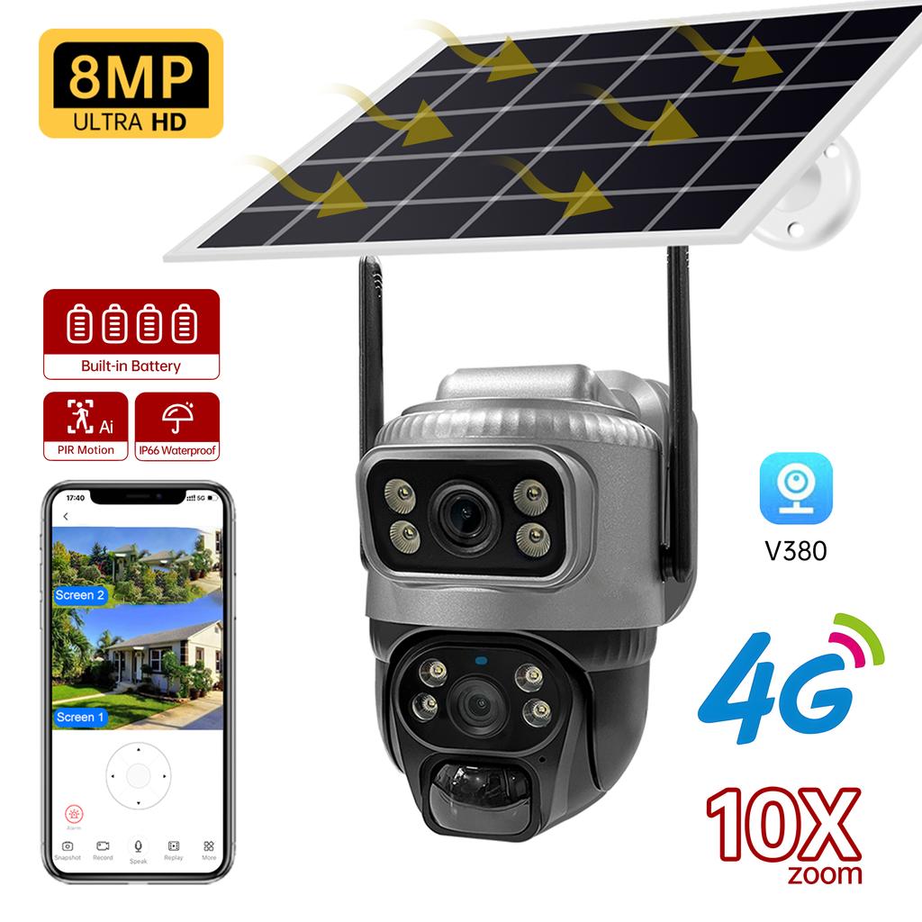 4G Sim Card Solar Dual Lens Outdoor 8MP 4K Low Power Battery IP Camera PIR Night Vision V380 Pro CCTV Security Protection