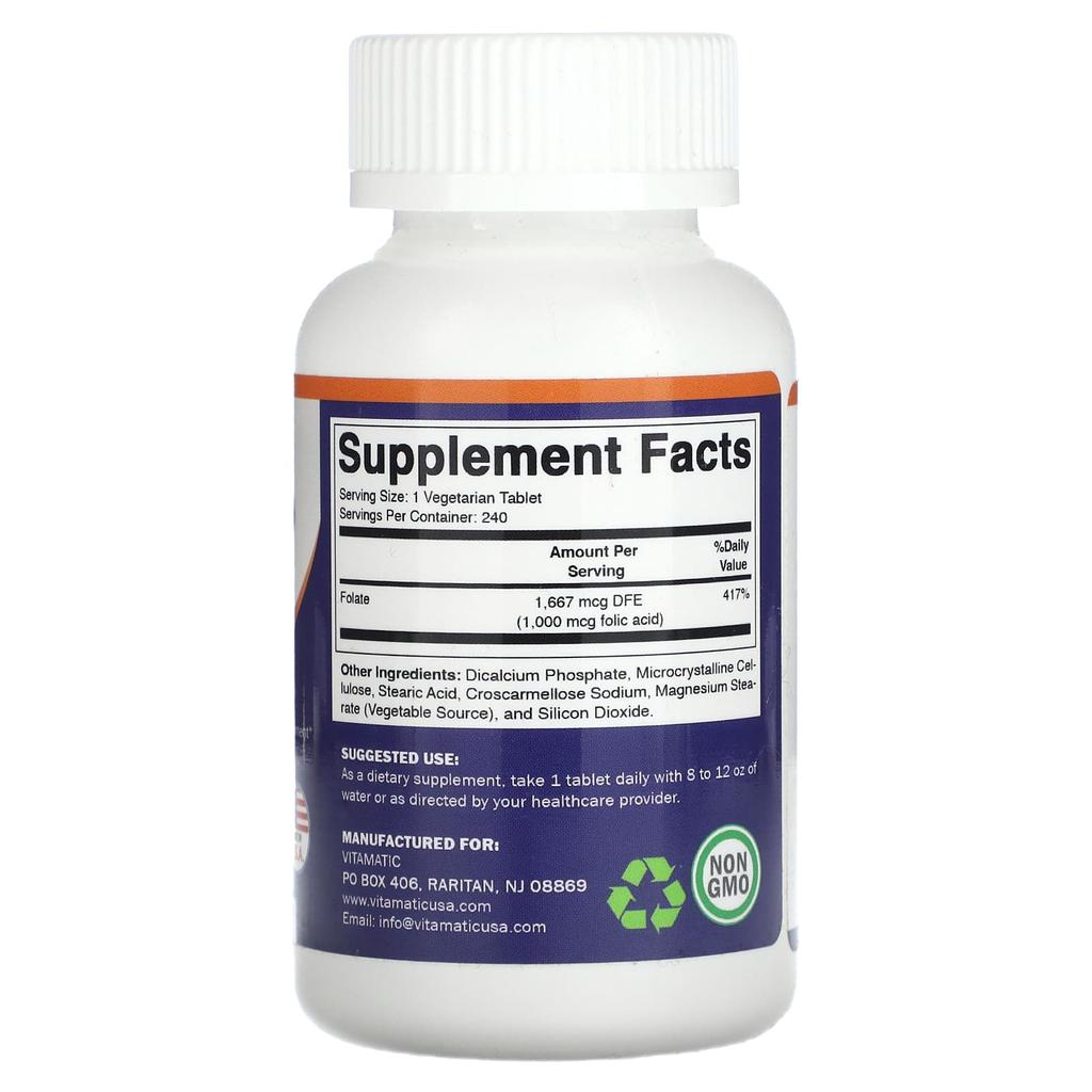 Folic Acid, 1,000Mcg, Veggie Tablets, 240 Tablets