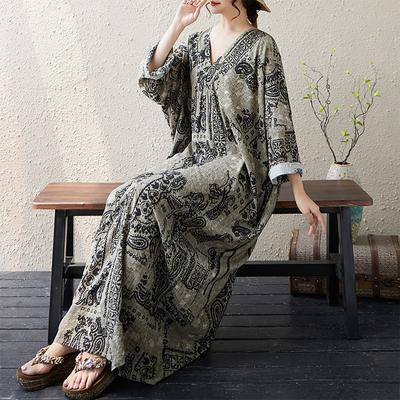 DIMANAF 2025 Женское Весеннее Длинное Платье Большого Размера Свободное Базовое С Принтом Винтажное Повседневное Цветочное Оверсайз С Длинным Рукавом Макси