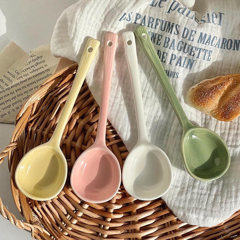 Керамическая ложка кремового цвета с длинной ручкой, молочно-желтая ложка, высокая маленькая ложка