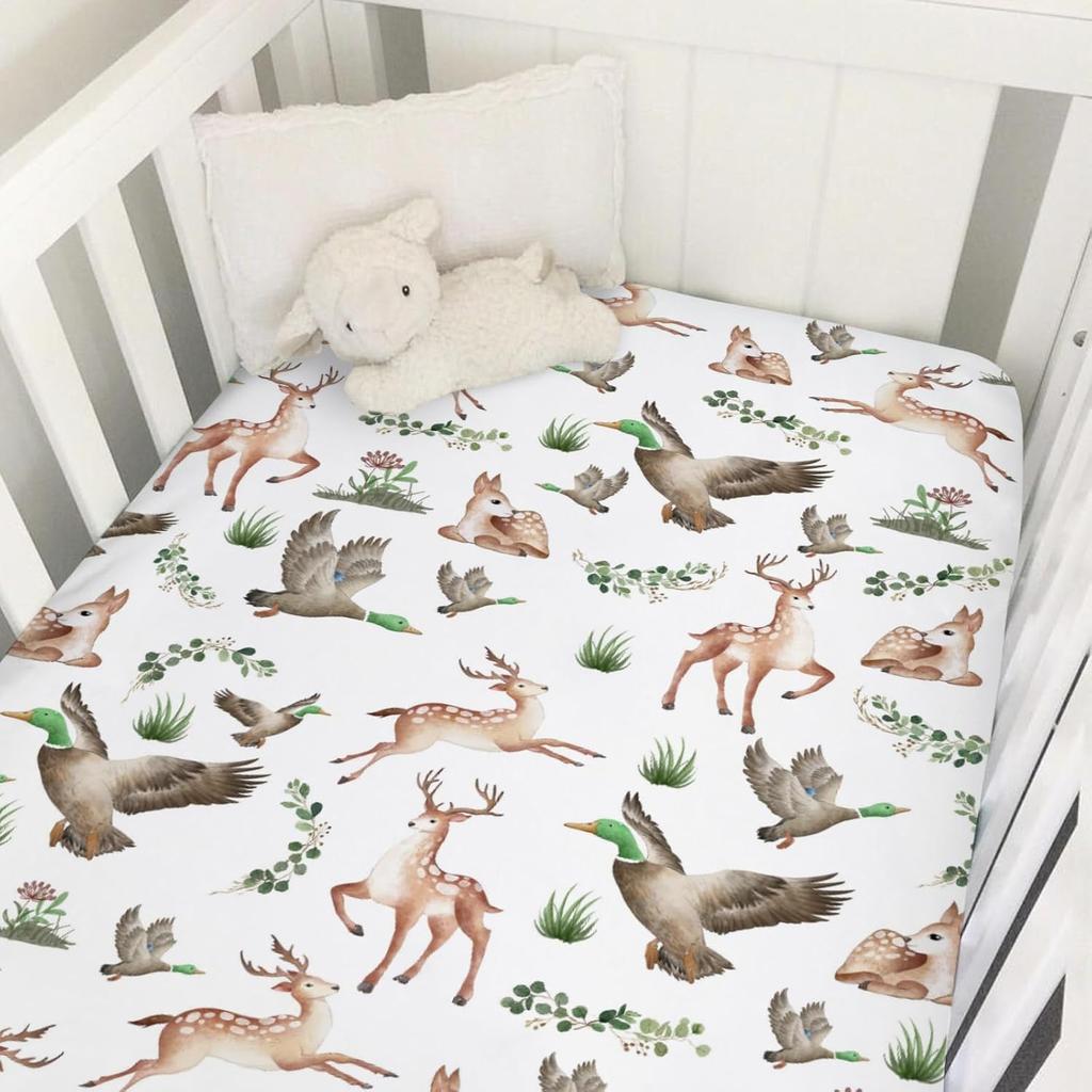 Woodland Wild Animals Hunting Crib Sheets for Girls and Boys 52"x28" Hunting Deer Duck Leaves Crib Mattress Sheet Soft Breathable Nursery Bed Sheet