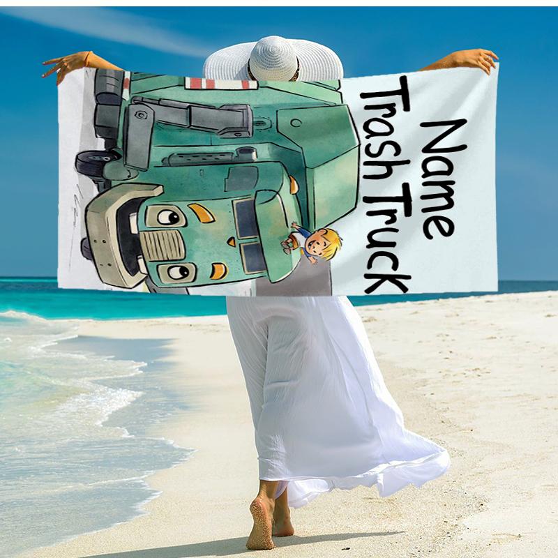 Custom Name Ultra-Soft Beach Towel with Trash Truck Theme,Ideal for Pool - Camping, Diving - Perfect Travel Essential, Vibrant Beach Towel.