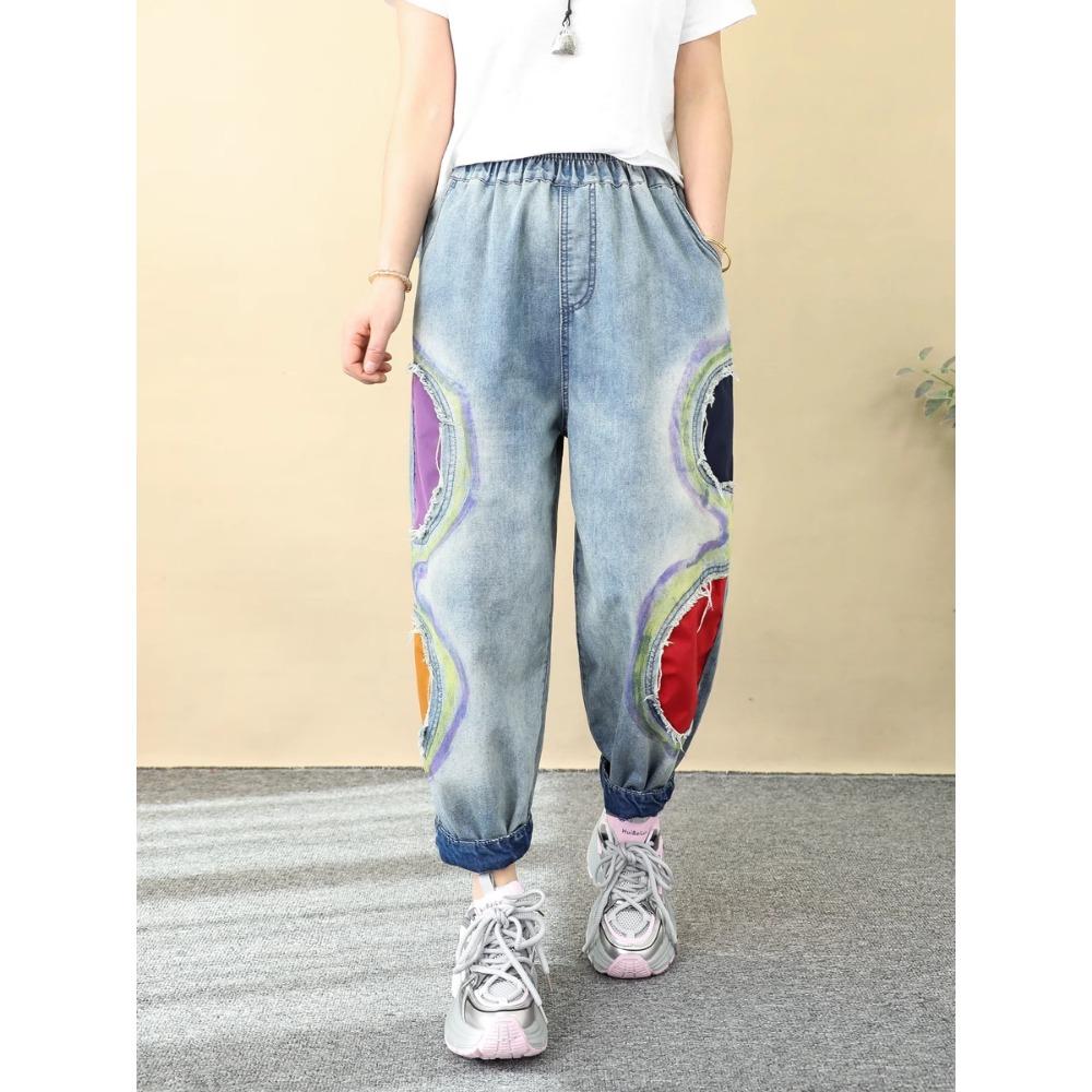 Dimanaf 2025 Большие размеры Женские джинсы Повседневные широкие брюки с высокой талией Эластичные базовые однотонные свободные шаровары