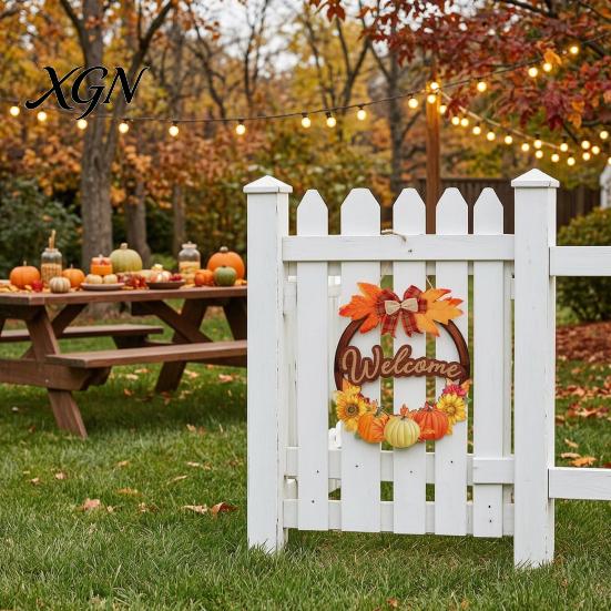 Indoor Outdoor Seasonal Decoration Autumn Harvest Wooden Wreath Pendant, Front Door Hanging Ornaments with Hemp Rope, Natural Wood Sign Pumpkins Maple
