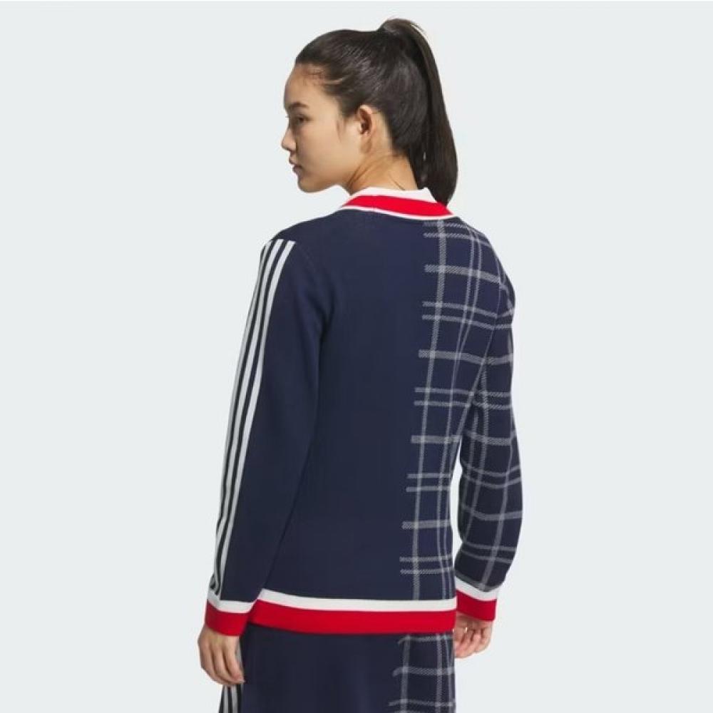 Adidas Golf 24 Fw Women S Knitted Pulley faShion 3S Check Cardigan iS4752 Navy