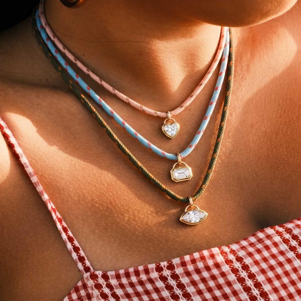 Stainless Steel Gold Tone Frame Heart Lock Marquise Zircon Pendant Colorful Braided Rope Necklace for Women Stackable Jewelry