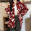 Винтажная красная рубашка с длинными рукавами с принтом, женская свободная солнцезащитная рубашка ранней весной, топ Kikyo Flower