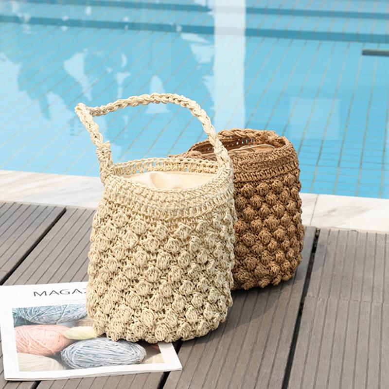 Yogodlns Summer Straw Shoulder Bag Women Large Capacity Rattan Bucket Bag Handmade Woven Beach Bag