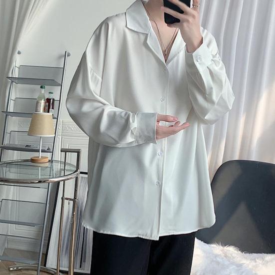 Мужская рубашка с кубинским воротником, длинный рукав, на пуговицах, повседневная рубашка свободного кроя, однотонная рубашка для работы, вечеринок, свиданий