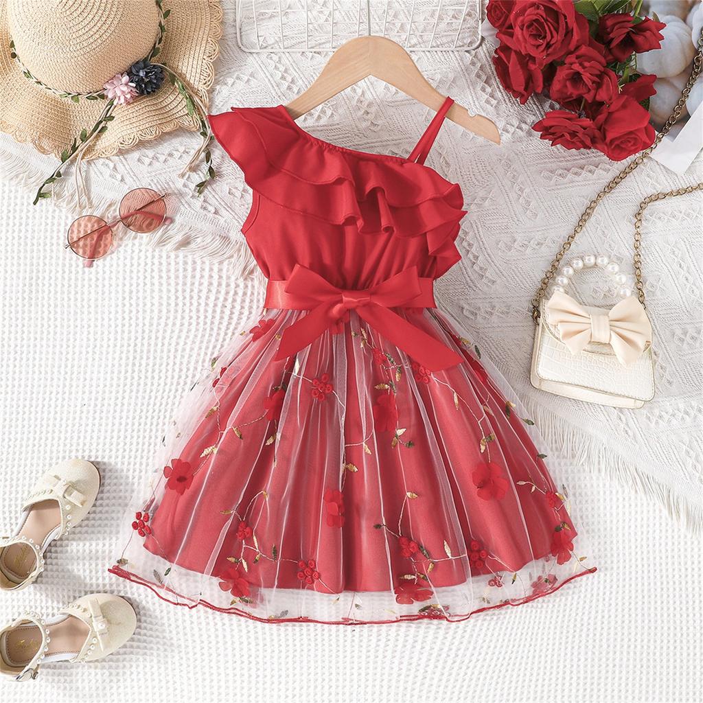 Summer Children Leaf Inclined Shoulder Strap Craft Skirt Girls Fashion Casual Dress