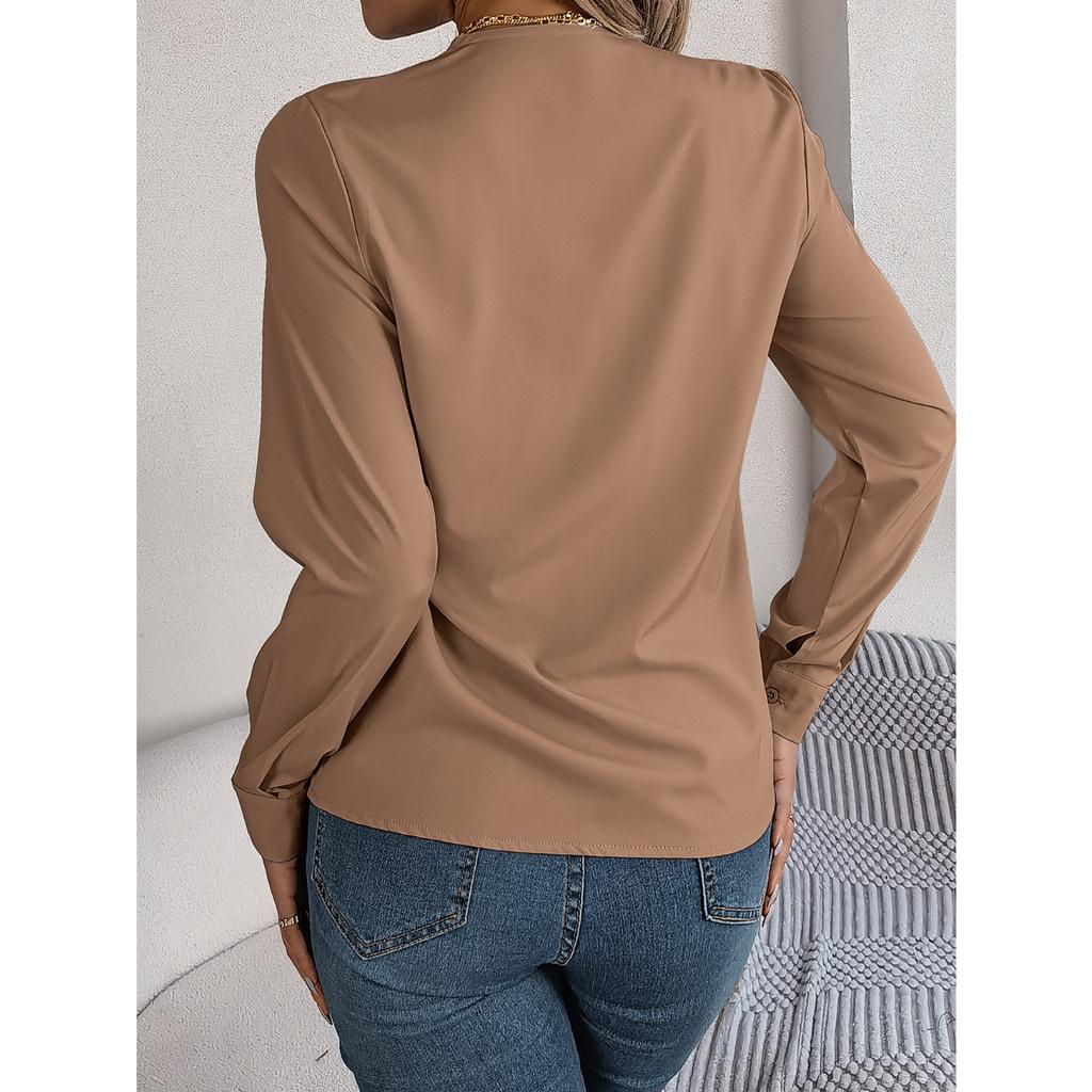 GMXIA Elegant Solid-color Layered V-neck Long-sleeved Women's Shirt for Autumn and Winter