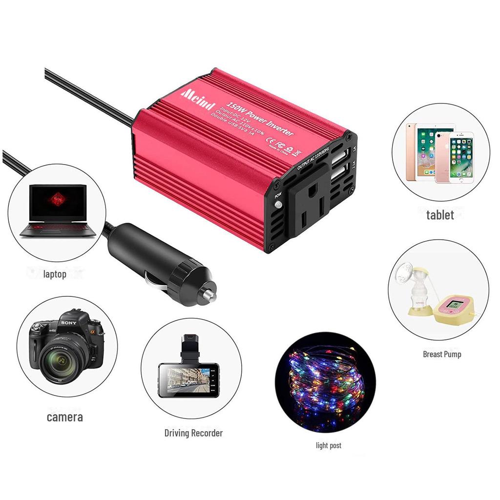 Компактный автомобильный инвертор мощностью 150 Вт с 12 В постоянного тока в 110 В переменного тока с двумя выходами USB 5 В/3,1 А