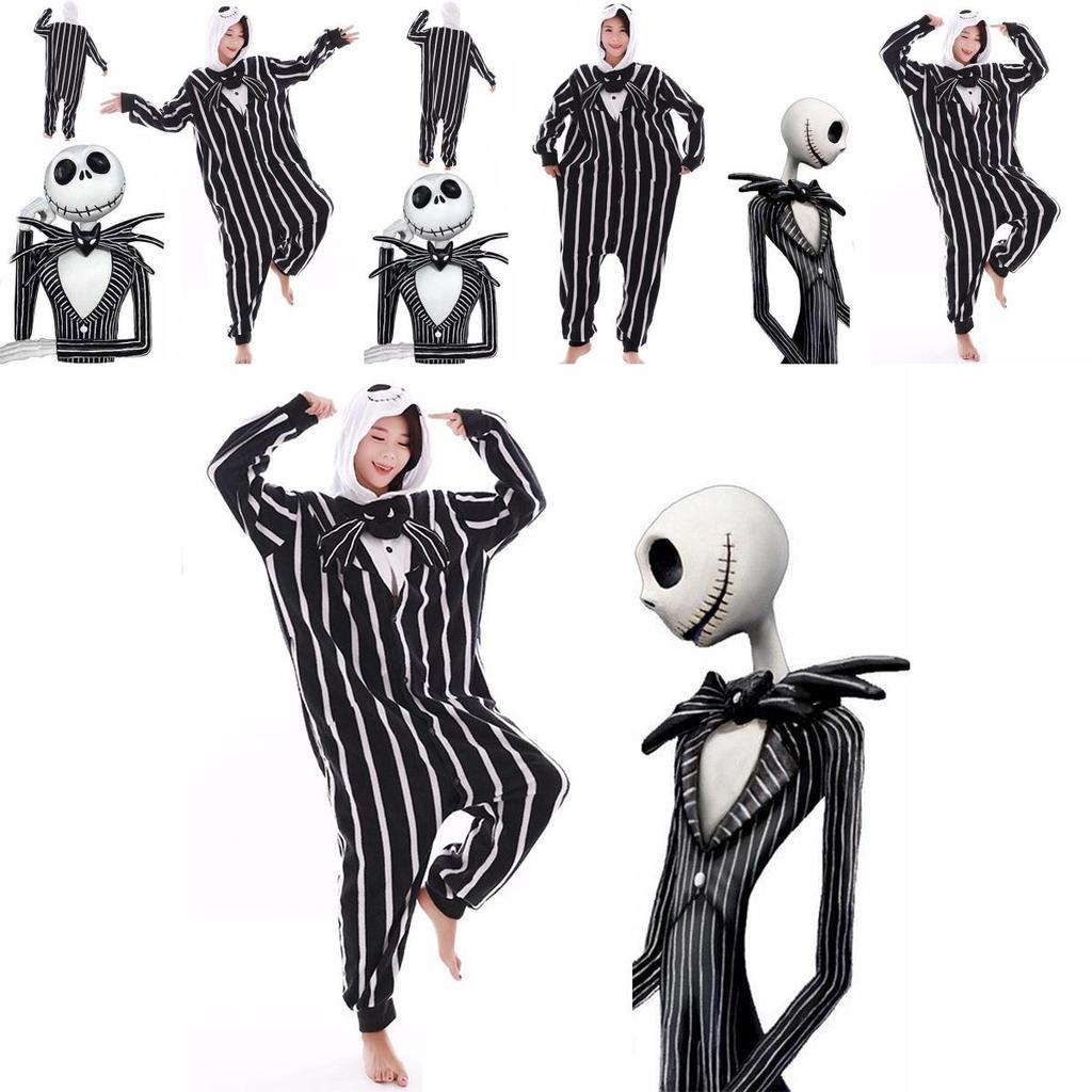 Cozy Nightmare Before Christmas Jack Pattern Sleepwear Jumpsuit With Hood And Tuxedo Design